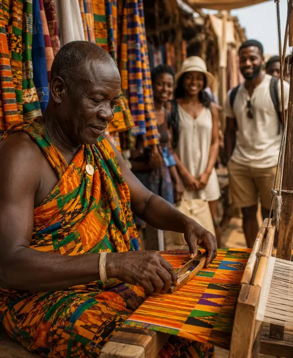 Cultural / travel photo — e.g. Kente weaving, market, or travelers