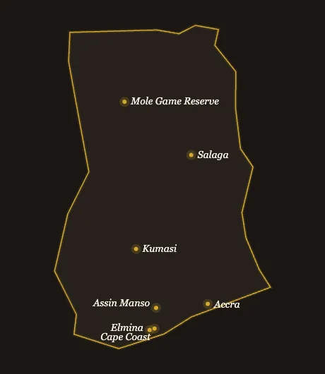 Stylized map of Ghana showing possible tour destinations